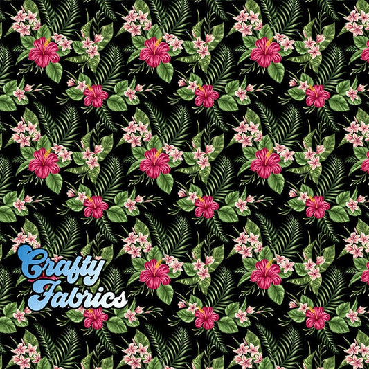 Hibiscus Flowers Fabric, Floral Pattern on Black Background Printed By the Yard