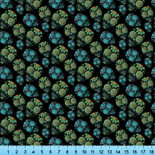 Sugar Skull Black Fabric with Blue Green Skulls