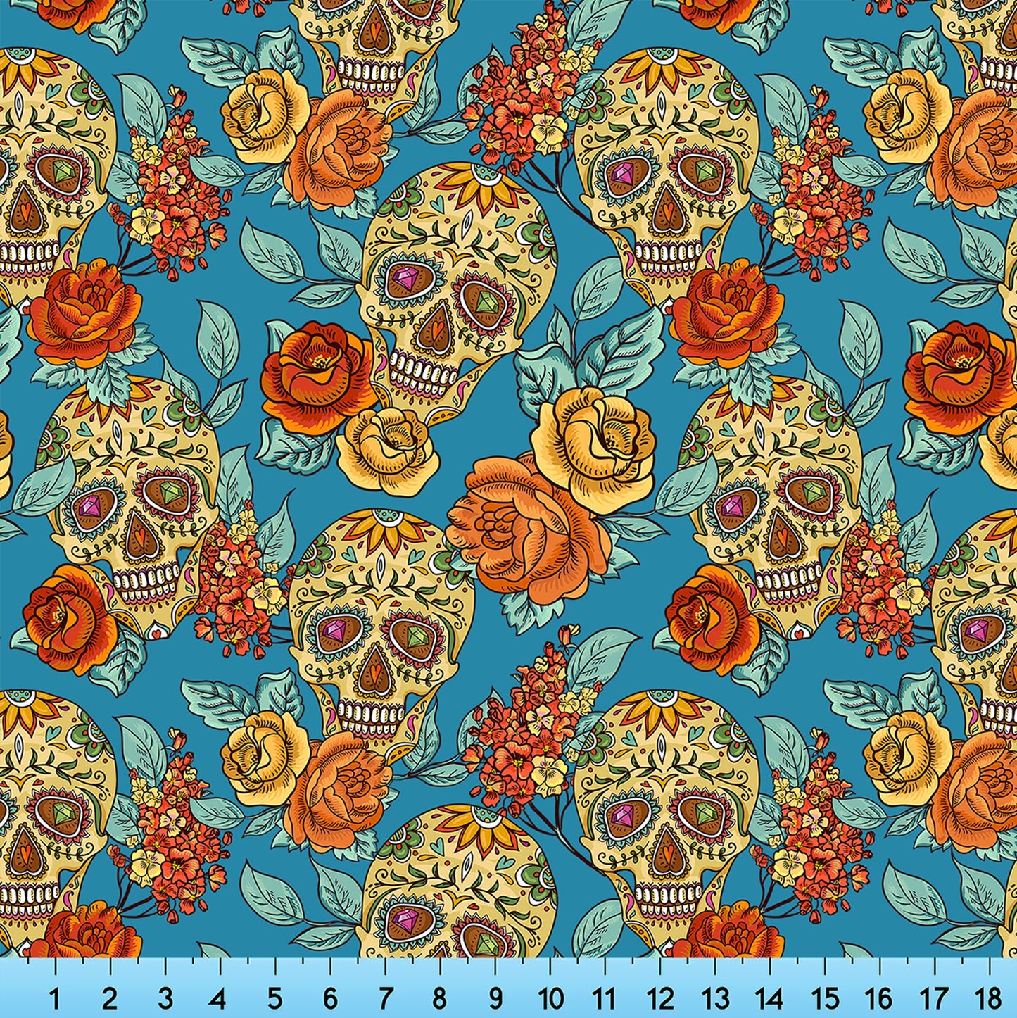 Sugar Skulls and Flowers Fabric By the Yard, Half Yard and Fat Quarter