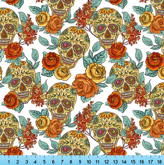 Sugar Skulls and Vintage Roses Fabric By the Yard, Half Yard and Fat Quarter