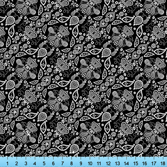 Black White Bandana Paisley Fabric Printed By the Yard, Half Yard or Fat Quarter