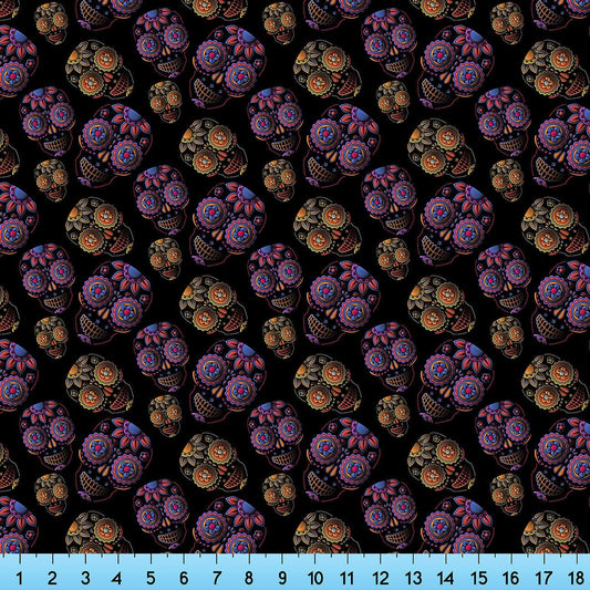 Sugar Skulls Black Purple Fabric By the Yard, Half Yard or Fat Quarter