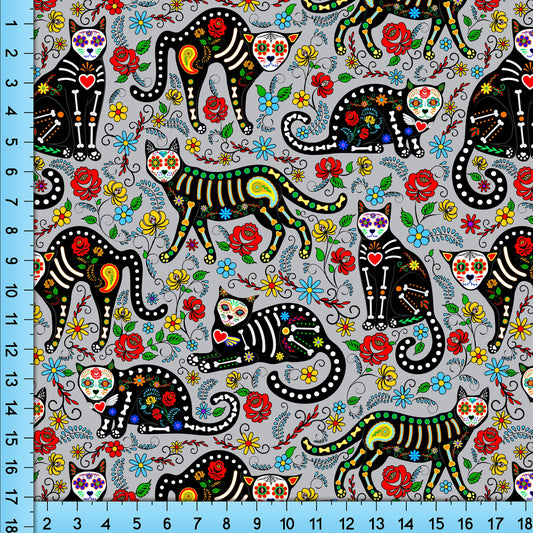 Gray Cats Fabric Print, Skeleton Cats Pattern, Day of the Dead Mexican Inspired Fabric Printed By the Yard