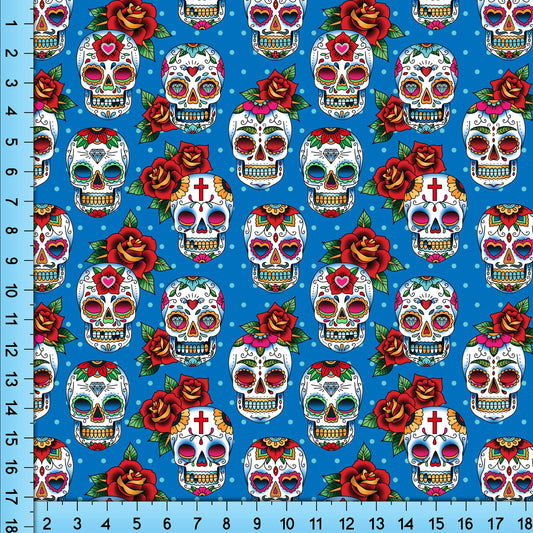 Sugar Skulls on Blue Fabric Pattern Print By the Yard, Half Yard or Fat Quarter