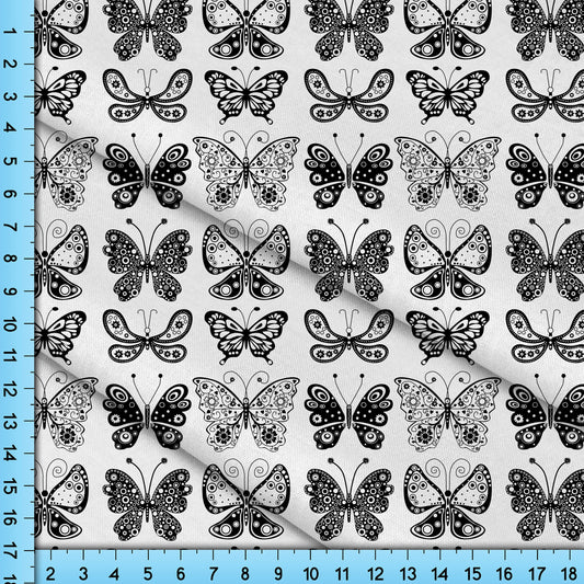 Butterfly Fabric, Black and White Butterflies on White. Cottagecore Design for Crafts, Upholstery, Clothing