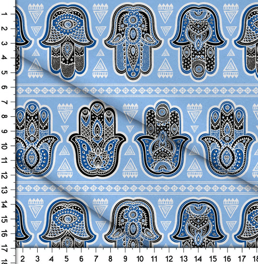 Hamsa Hand Blue, White, Black Fabric Pattern By the Yard. Hamsa Hand Of Fatima Moroccan Arabic Ornament Pattern Design