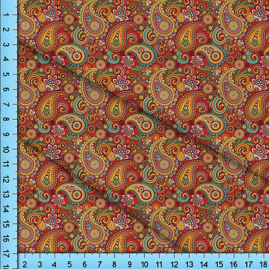 Red Paisley Fabric with Yellow and Green, Ornate Print By the Yard, Half Yard or Fat Quarter