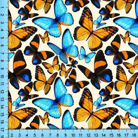 Butterflies Fabric Printed by the Yard, Orange and Blue Cottagecore Design for Crafts, Upholstery, Clothing