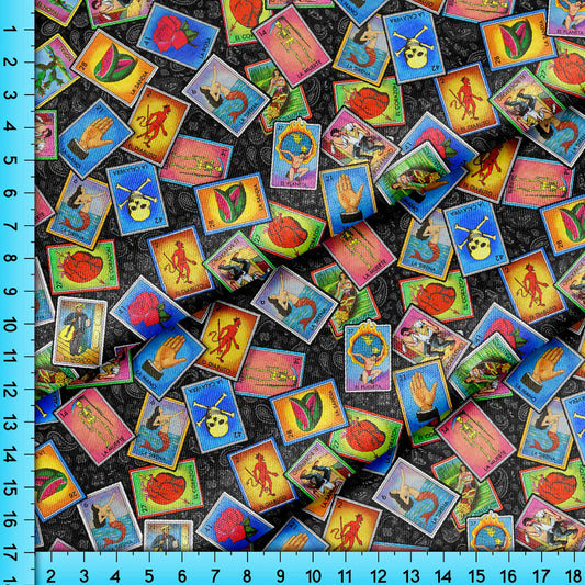 Loteria Fabric By The Yard, Fiesta Lottery Card Bingo Game Pattern on Paisley Background