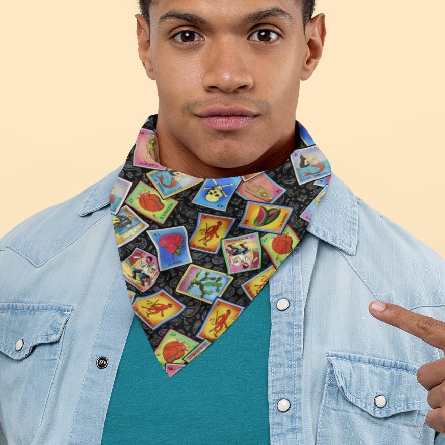 Mexican Loteria Card Bandana Printed on a Black Paisley Background