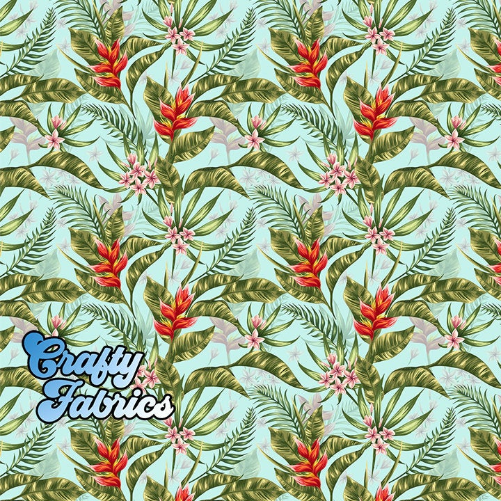 Ginger Flowers on Light Aqua Fabric, Floral Pattern Printed By the Yard