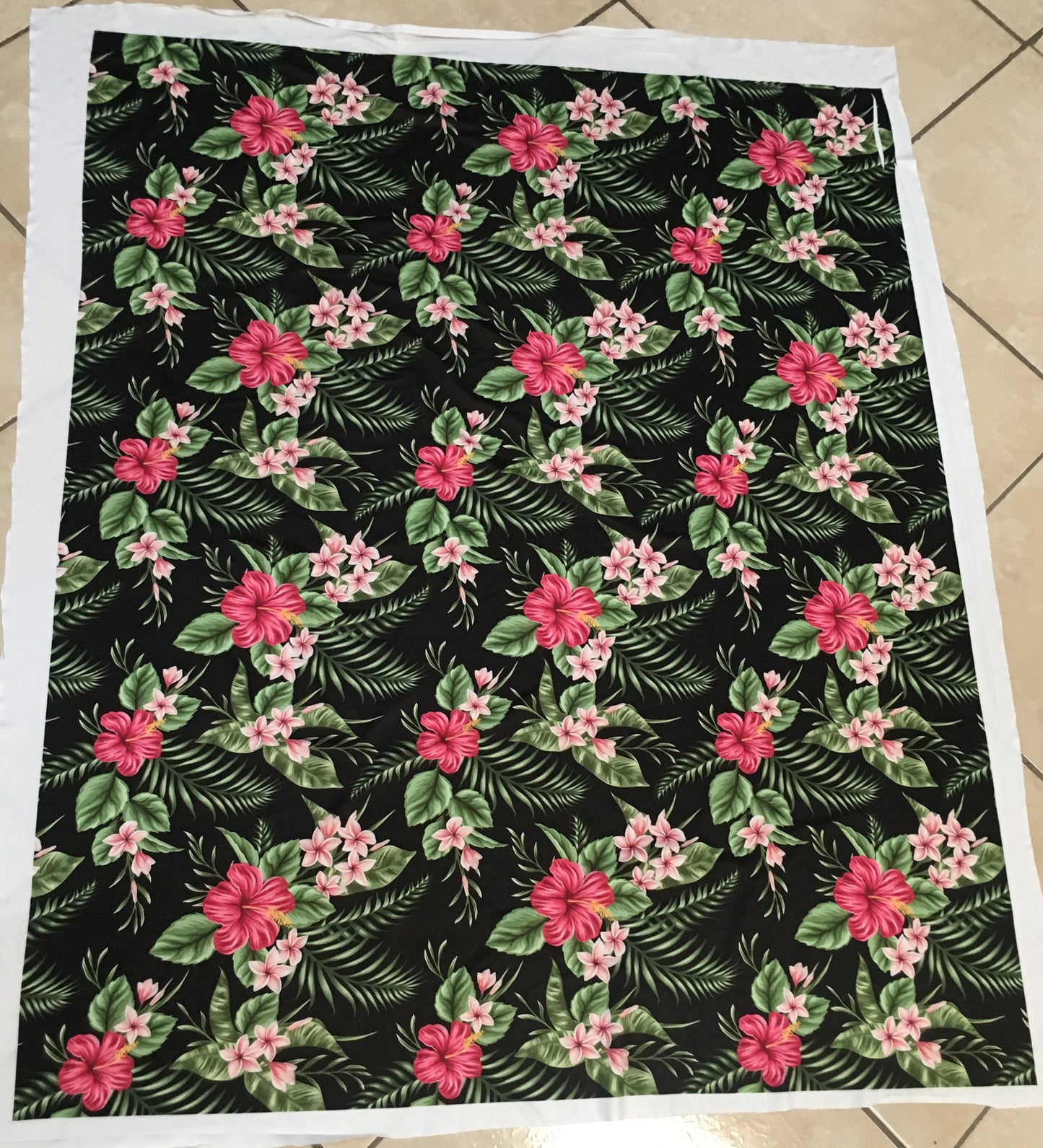 Hibiscus Flowers Fabric, Floral Pattern on Black Background  Printed By the Yard