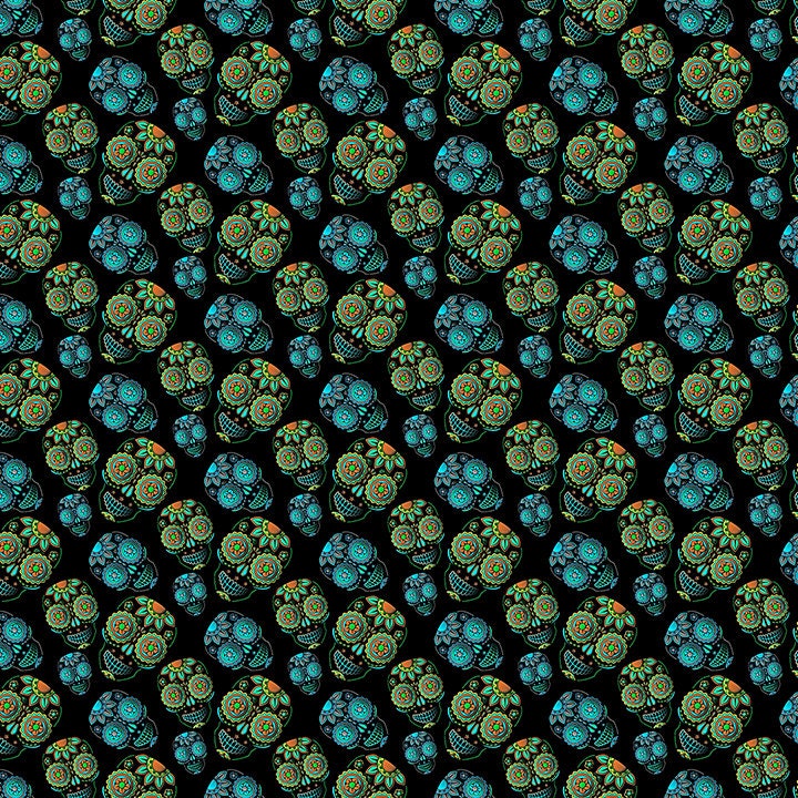 Sugar Skull Black Fabric with Blue Green Skulls