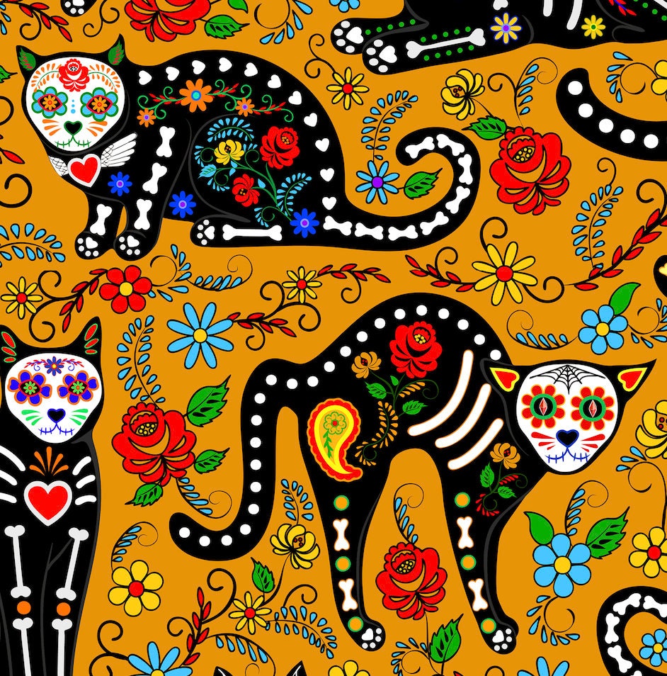 Mexican Cats Fabric Pattern, Calavera Cats Print, Day of the Dead Fabric By The Yard