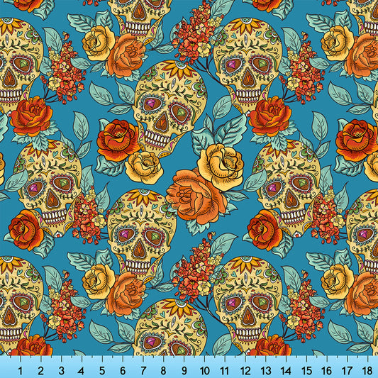 Sugar Skulls and Flowers Fabric By the Yard, Half Yard and Fat Quarter