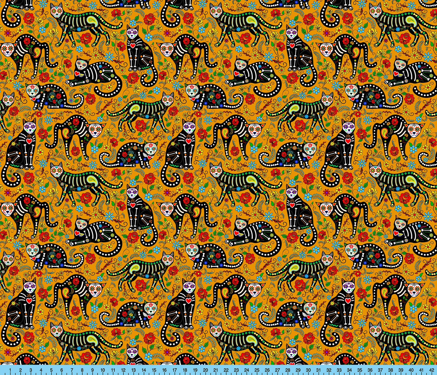 Mexican Cats Fabric Pattern, Calavera Cats Print, Day of the Dead Fabric By The Yard