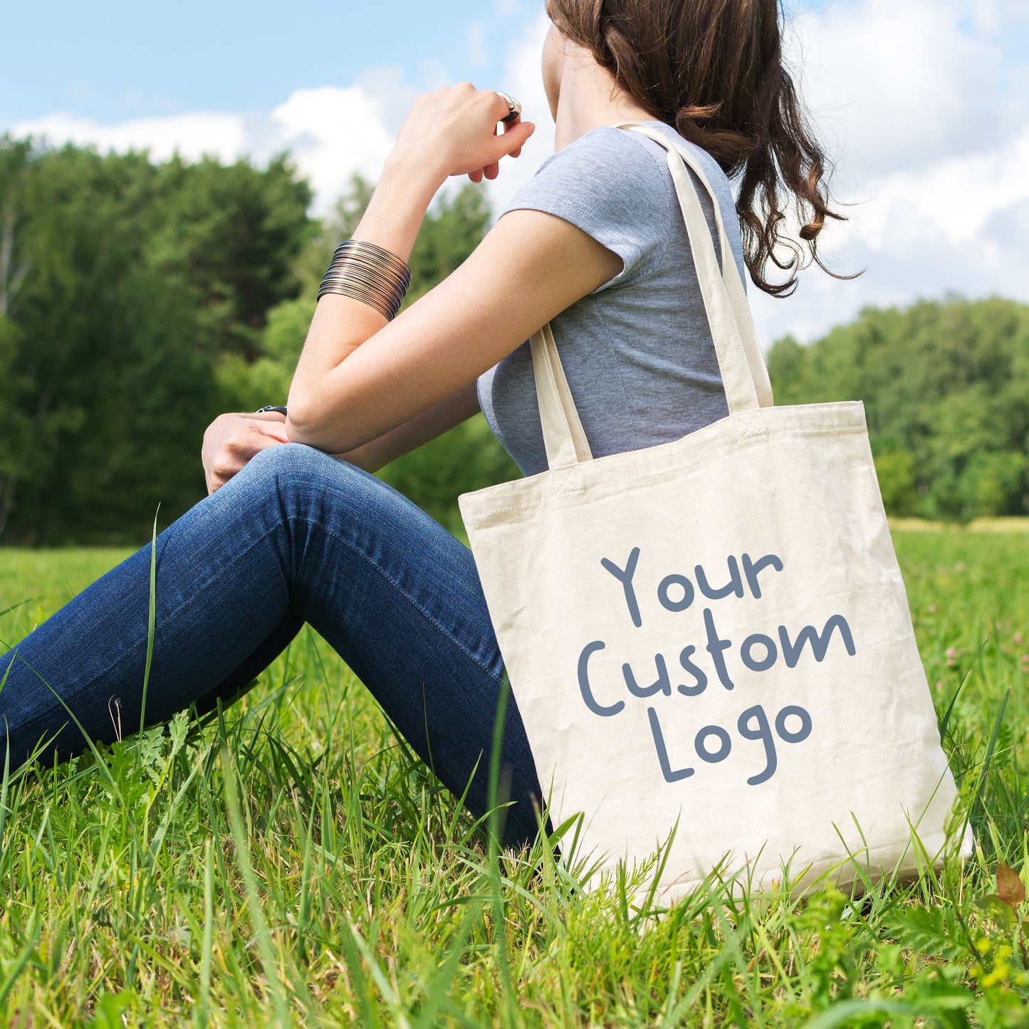 Custom Logo Tote Bags on Natural Cotton, Printed Fabric Shopping Market Bags
