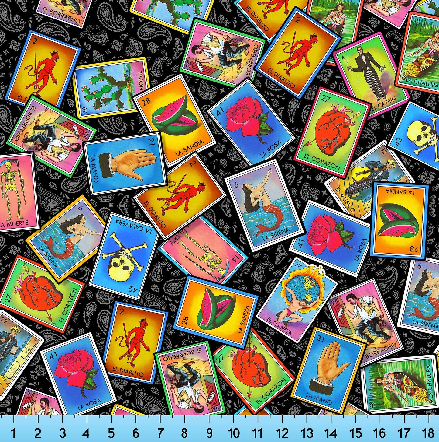 Mexican Loteria Paisley Fabric By The Yard, Mexican Fiesta Lottery Bingo Pattern
