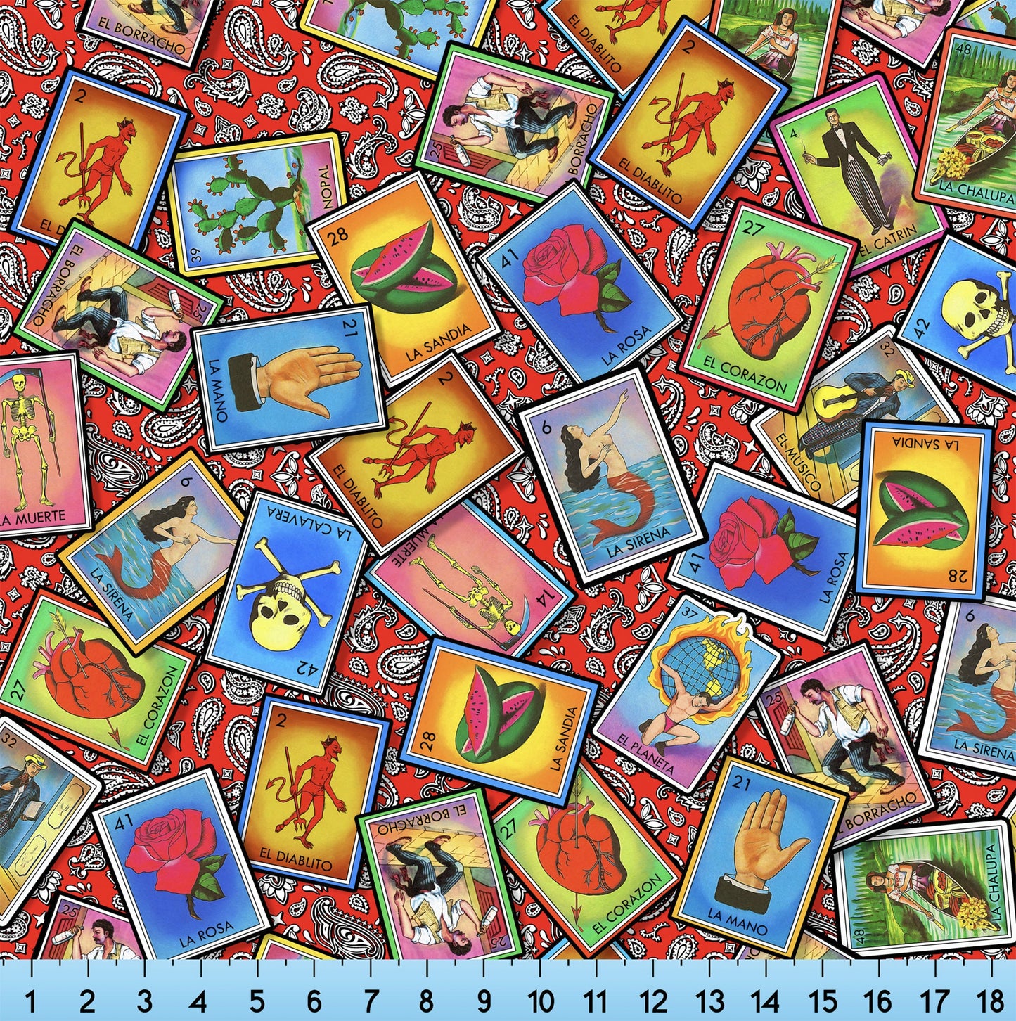 Mexican Loteria Paisley Fabric By The Yard, Mexican Fiesta Lottery Bingo Pattern