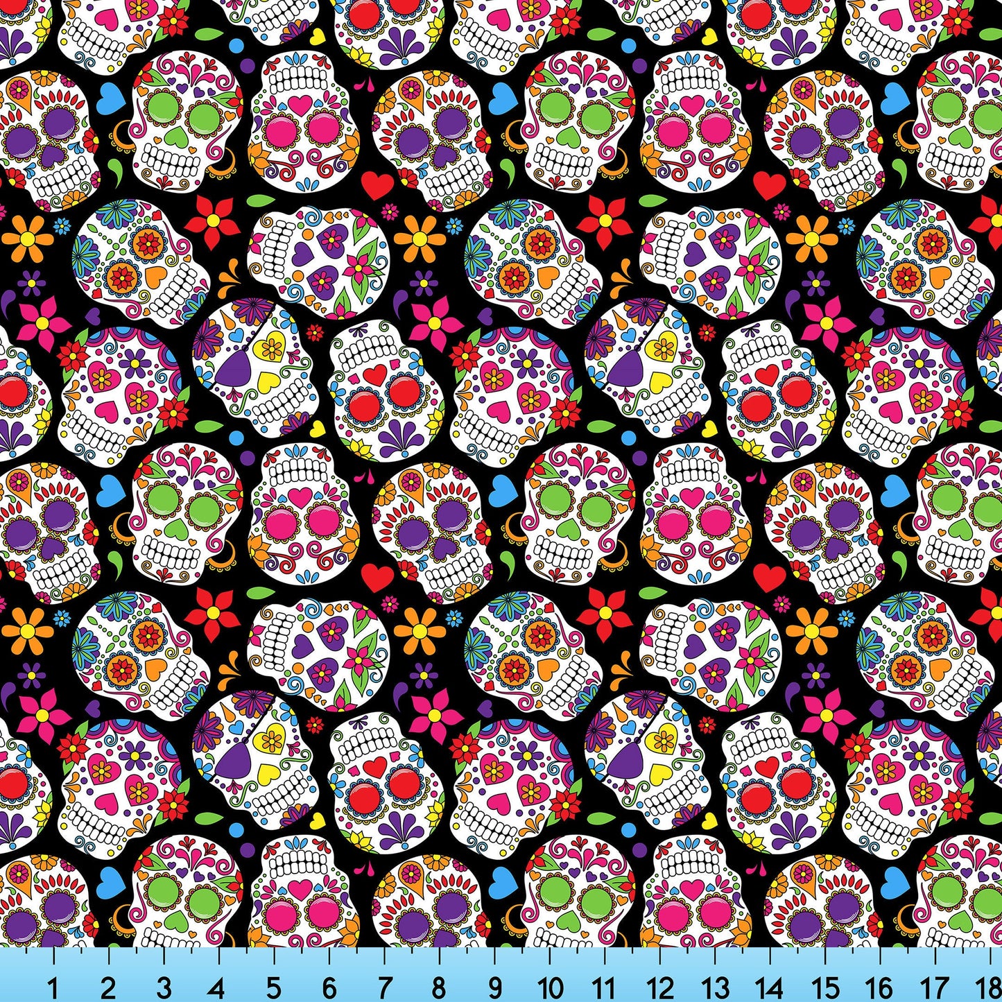 Colorful Sugar Skulls Fabric Pattern Print By the Yard, Half Yard or Fat Quarter