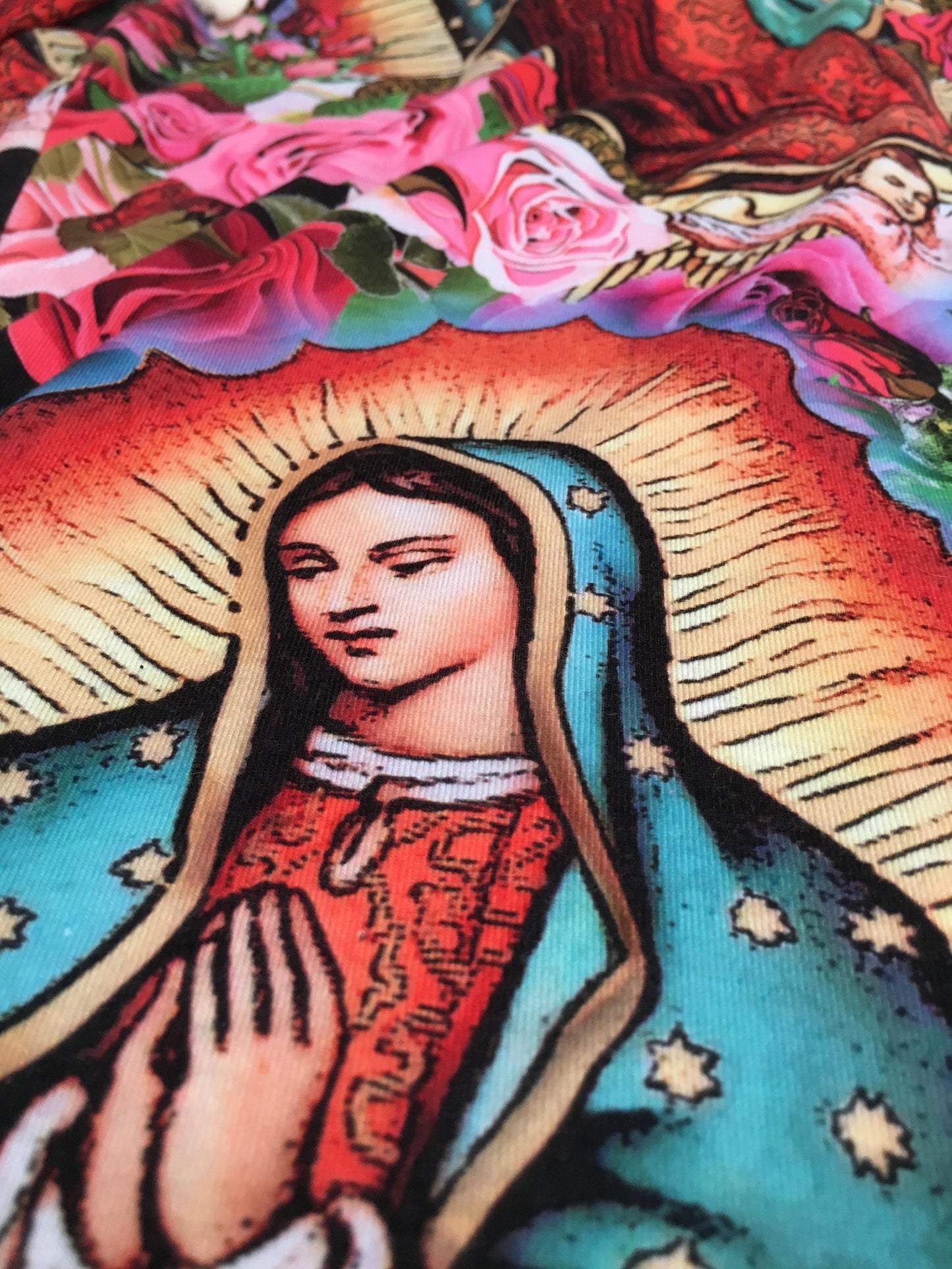 Our Lady of Guadalupe Print Fabric Pattern By the Yard, Saint Virgin Mary on Black Background
