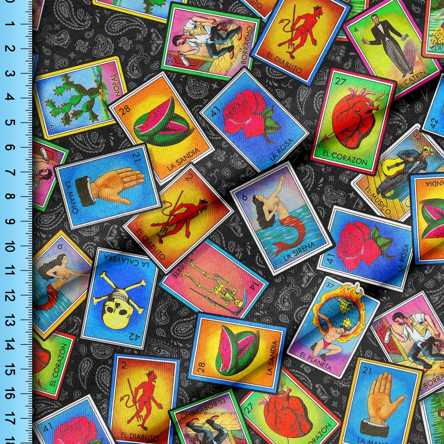 Mexican Loteria Paisley Fabric By The Yard, Mexican Fiesta Lottery Bingo Pattern