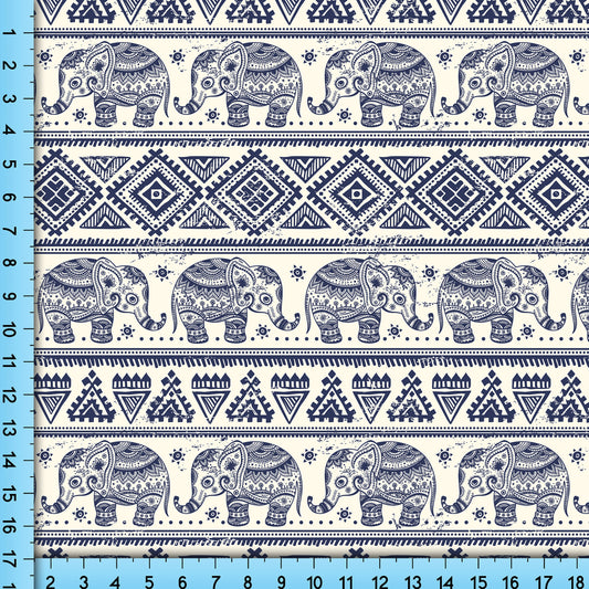 Boho Elephant Fabric Pattern, Blue Elephant Design Fabric By The Yard
