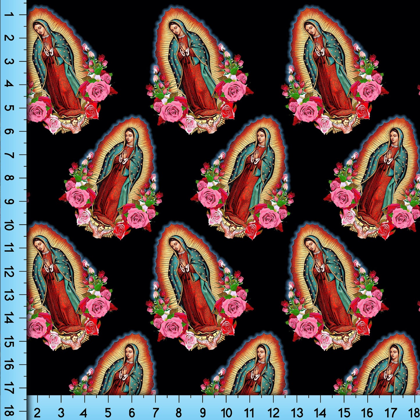 Our Lady of Guadalupe Print Fabric Pattern By the Yard, Saint Virgin Mary on Black Background