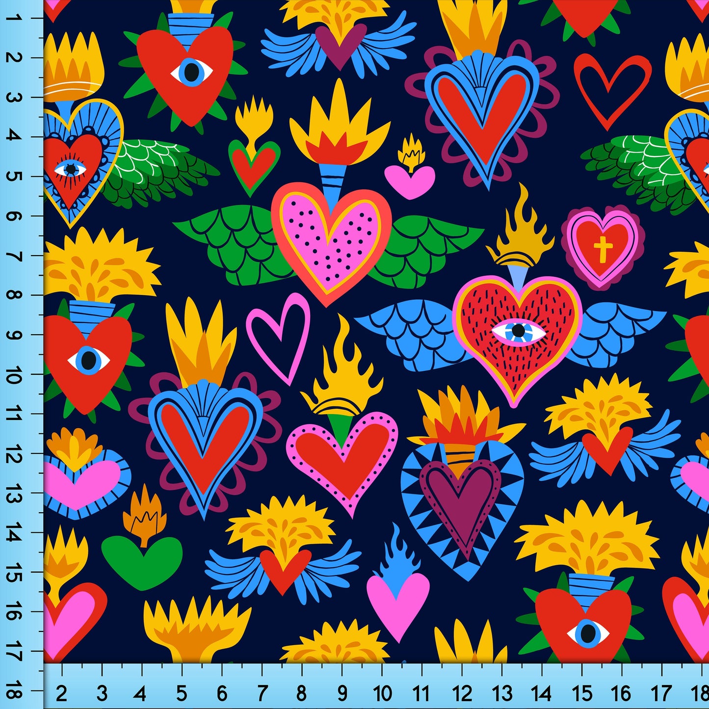 Sacred Heart Fabric Pattern Printed By the Yard, Flaming Heart Design, Day of the Dead Craft Fabric Pattern