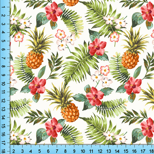 Tropical Pineapple and Hibiscus Flower Floral Print Fabric Pattern By the Yard