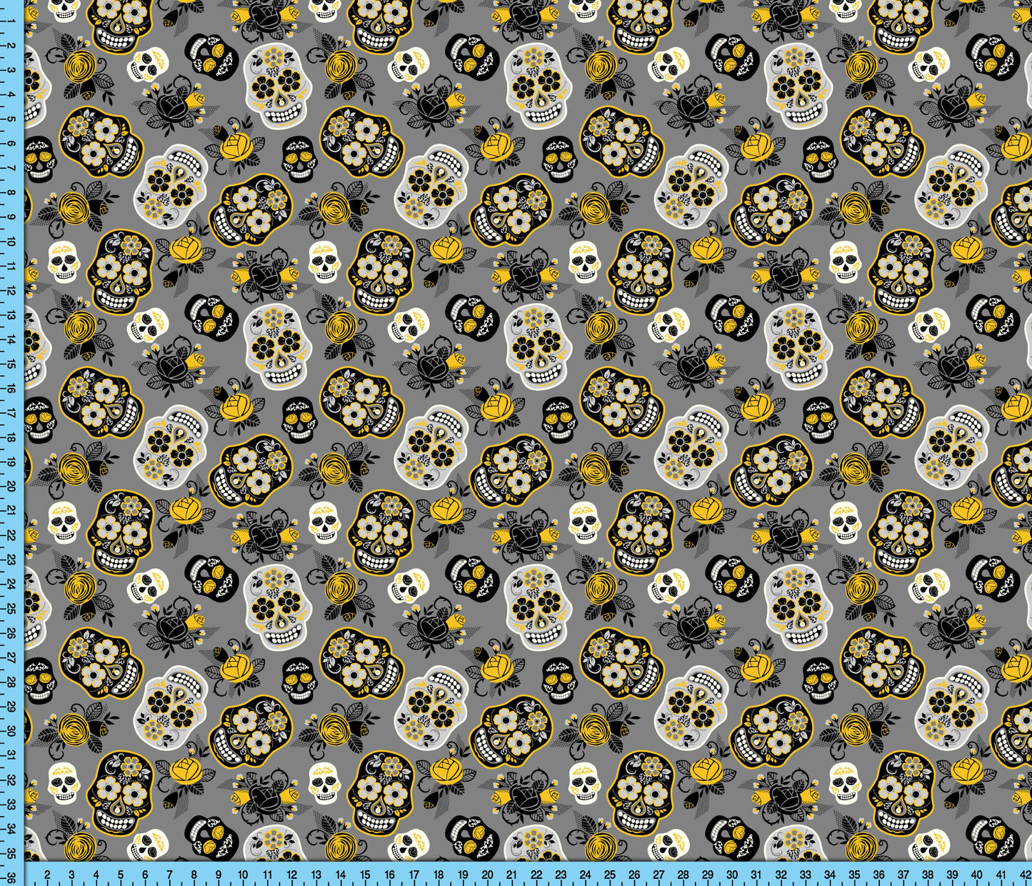 Gray Sugar Skulls Fabric Print, Day of the Dead Mexican Pattern Fabric Printed By the Yard