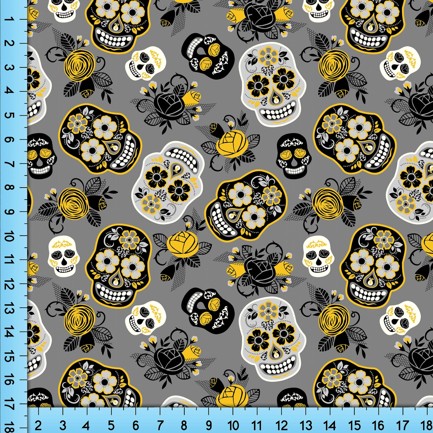 Gray Sugar Skulls Fabric Print, Day of the Dead Mexican Pattern Fabric Printed By the Yard