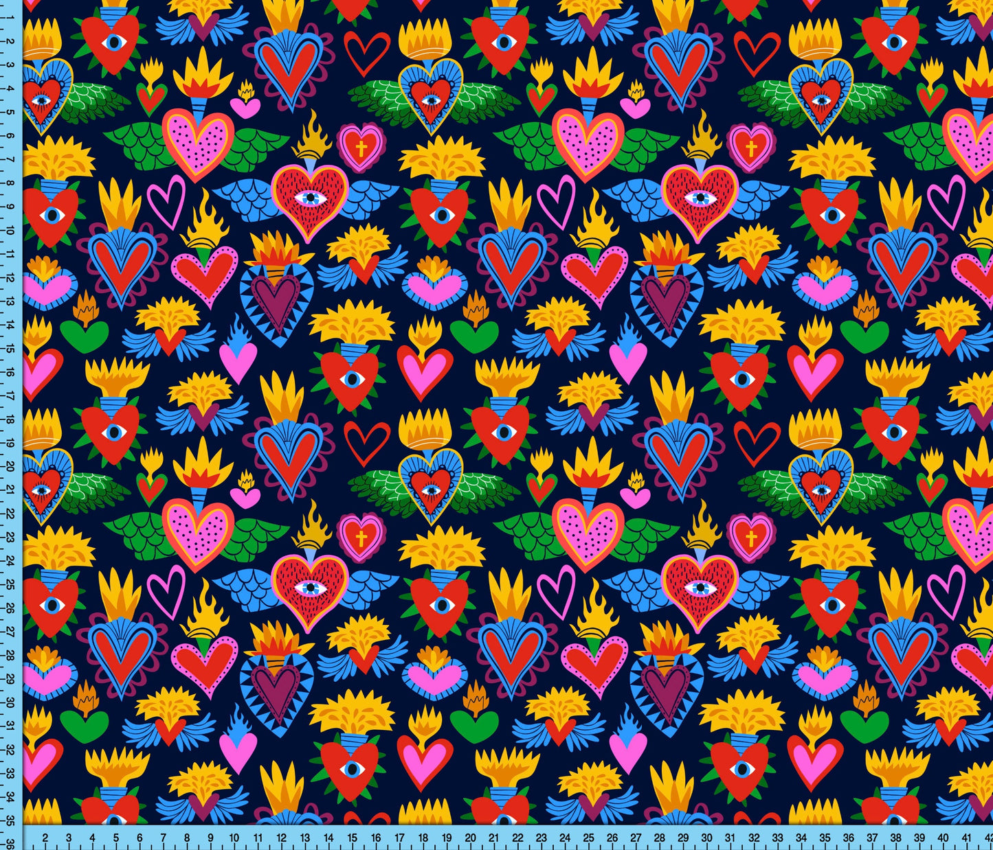 Sacred Heart Fabric Pattern Printed By the Yard, Flaming Heart Design, Day of the Dead Craft Fabric Pattern