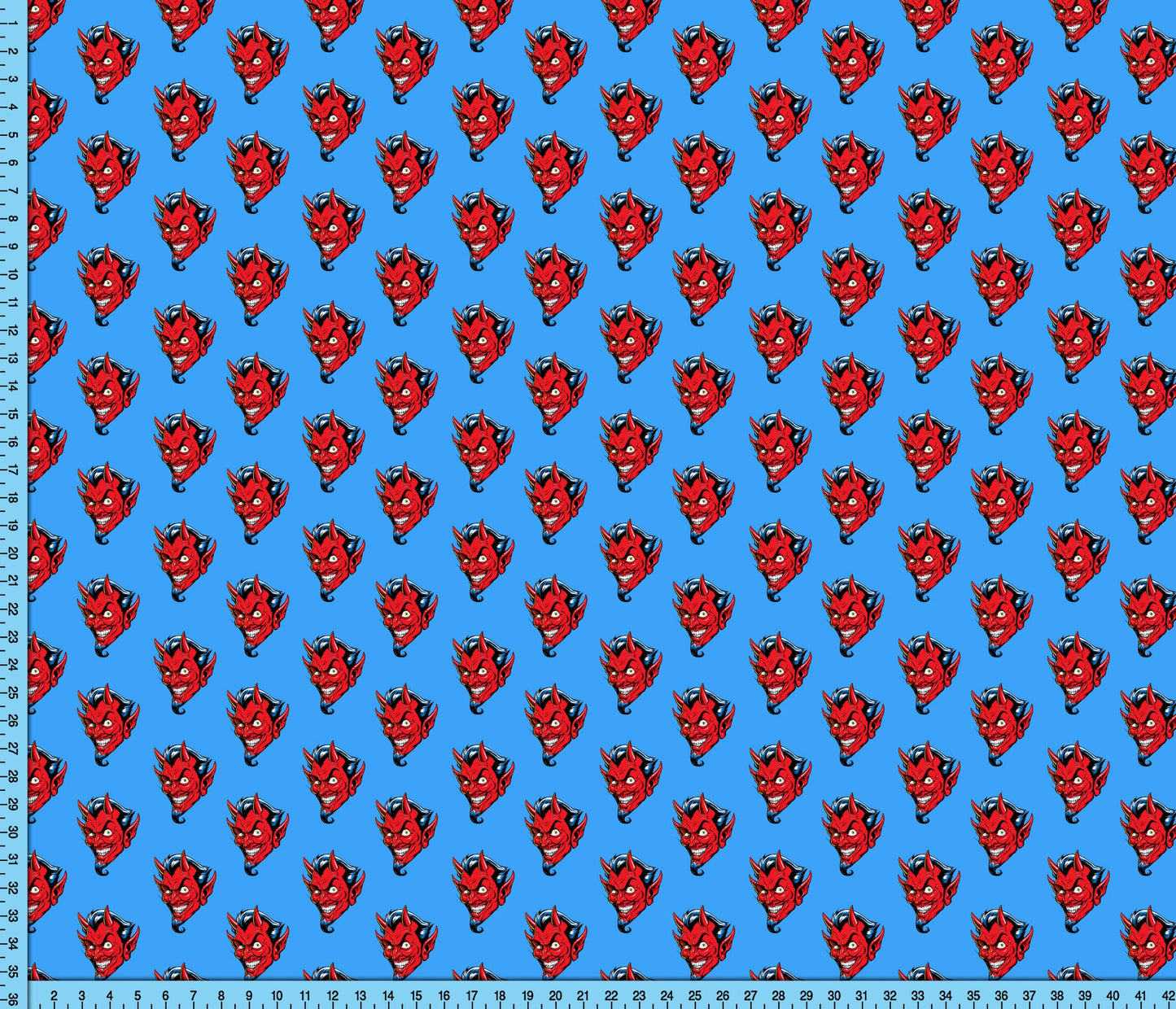 Red Devil on Blue Fabric Pattern, Novelty Design Printed By the Yard for Crafts, Shirts, Masks