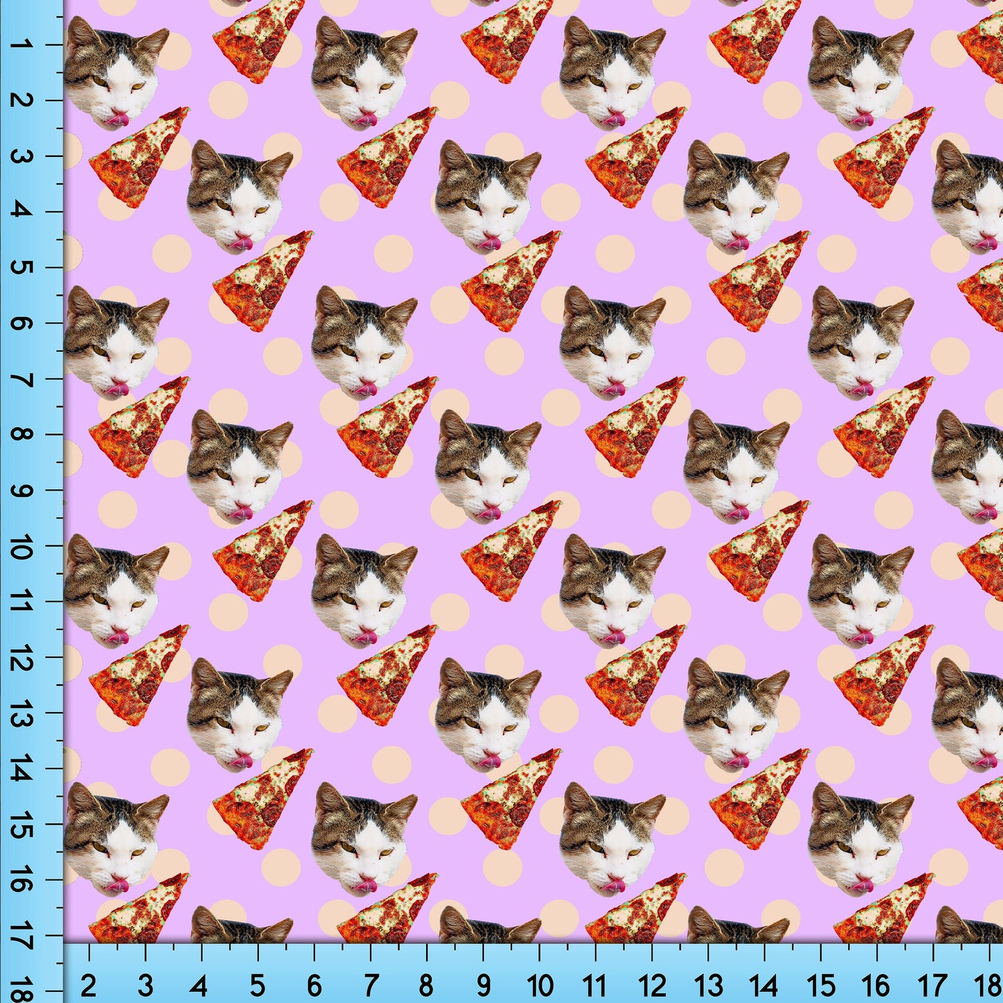 Cat Fabric, Kitties with Pizza, Printed By the Yard for Sewing and Craft Projects