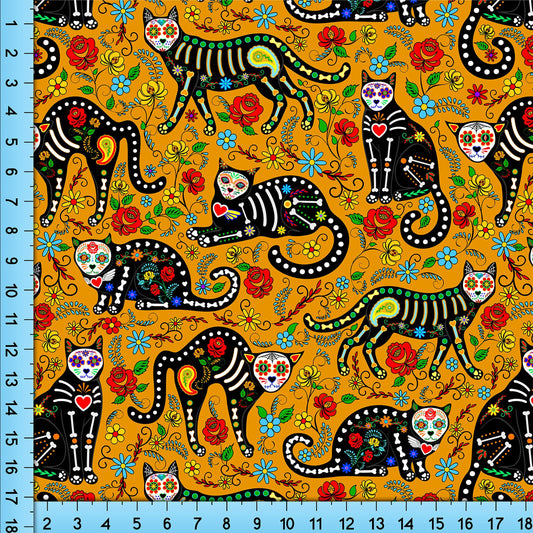Mexican Cats Fabric Pattern, Calavera Cats Print, Day of the Dead Fabric By The Yard