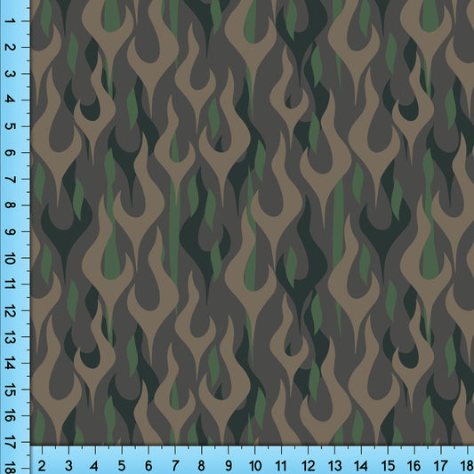 Desert Camouflage Flames Brown Green Tan Fabric Print, Tribal Tattoo Fire Design Printed By the Yard