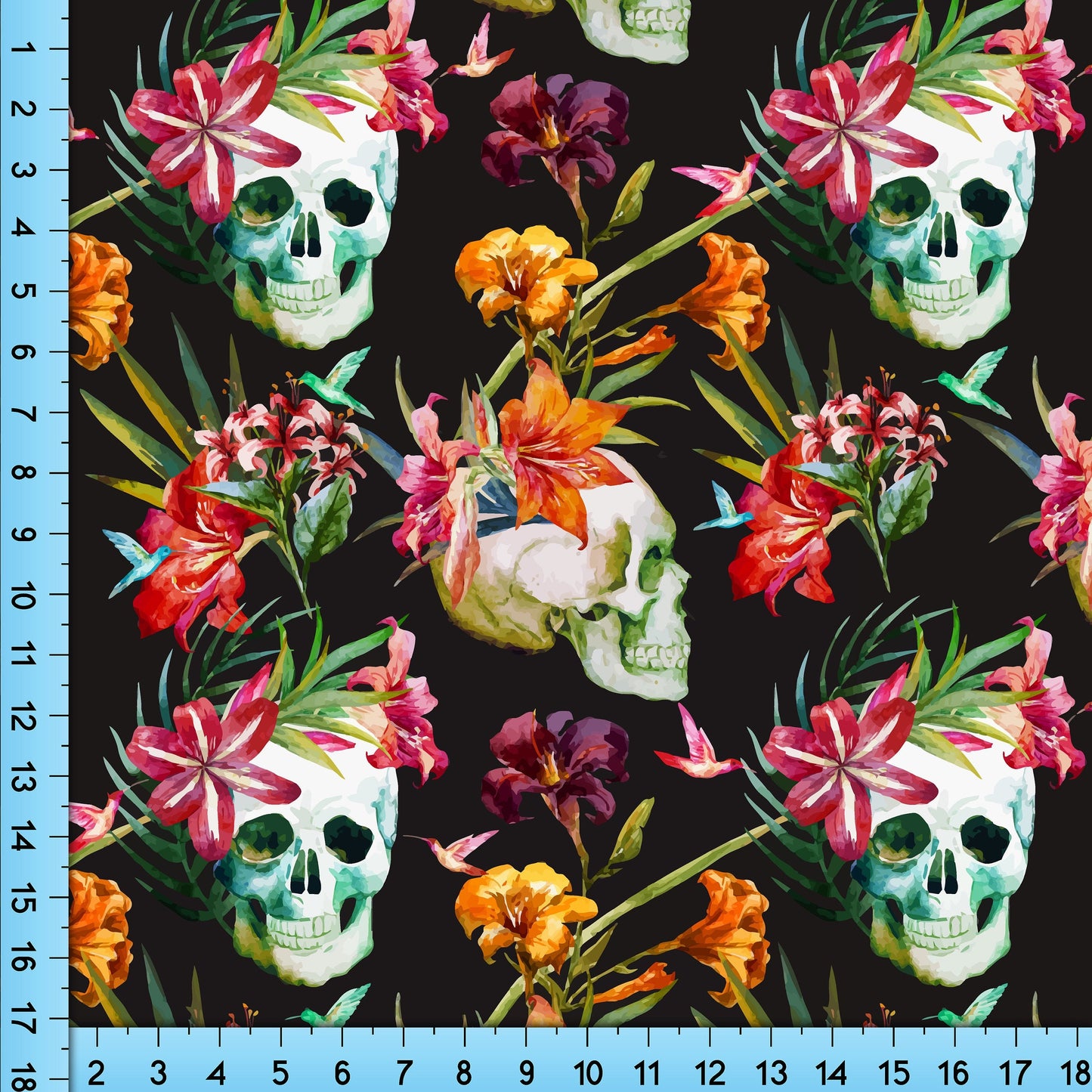 Skulls and Flowers on Black Fabric Pattern Print By the Yard, Half Yard or Fat Quarter