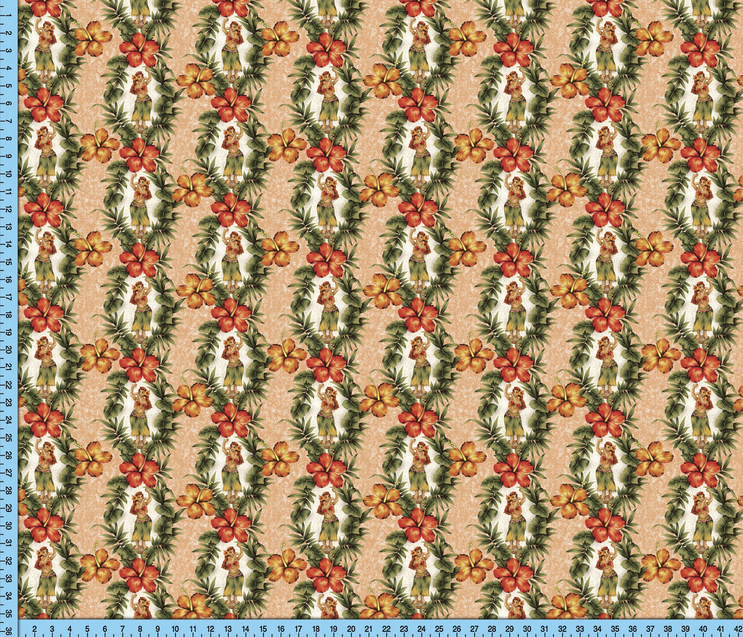 Hula Girl Hibiscus Flower Fabric, Tan Tropical Hawaiian Shirt Floral Fabric Pattern By the Yard