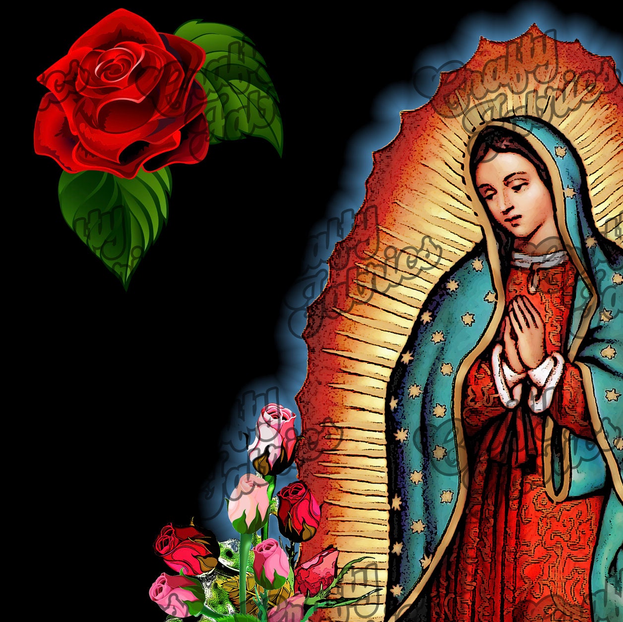 Our Lady of Guadalupe Fabric panel, Virgin Mary Black fabric square for crafts, pillow covers, wall hanging, bandana or clothing