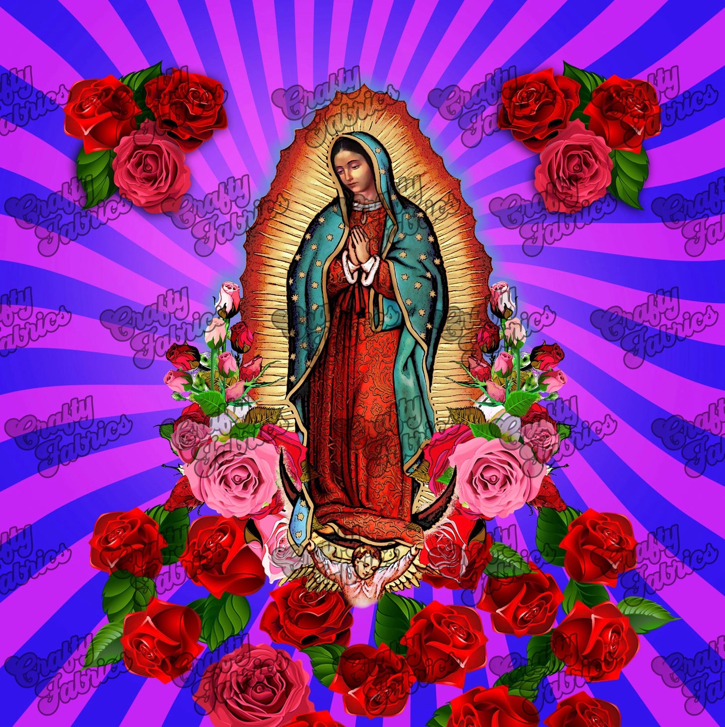 Our Lady of Guadalupe Fabric square, Virgin Mary Purple, Brown or Black fabric panel for crafts, pillow covers, banner, bandana or clothing