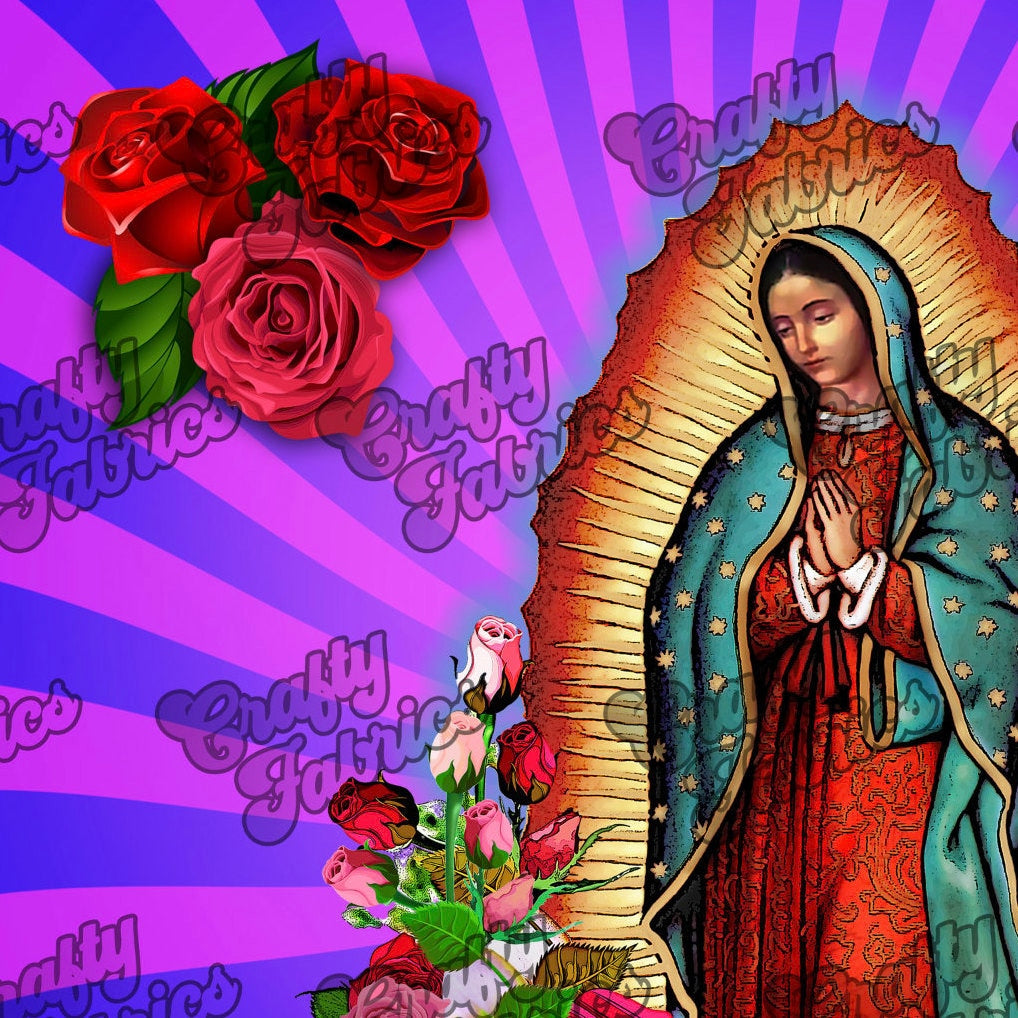 Our Lady of Guadalupe Fabric square, Virgin Mary Purple, Brown or Black fabric panel for crafts, pillow covers, banner, bandana or clothing