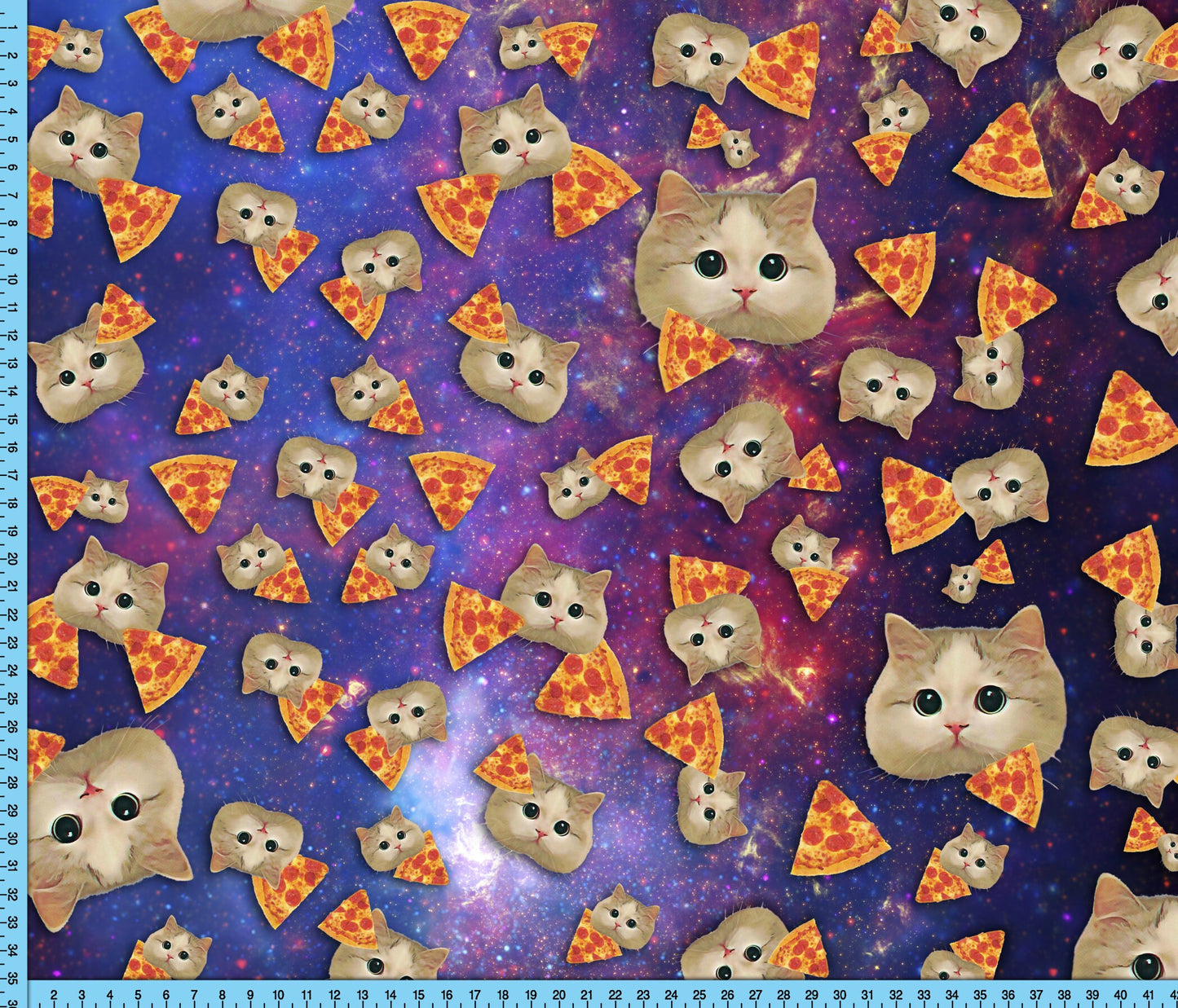 Cute Kittens in Space with Pizza Fabric Printed By the Yard. Broadcloth, Poplin, Gabardine, Liverpool, Clothing and Craft Projects.