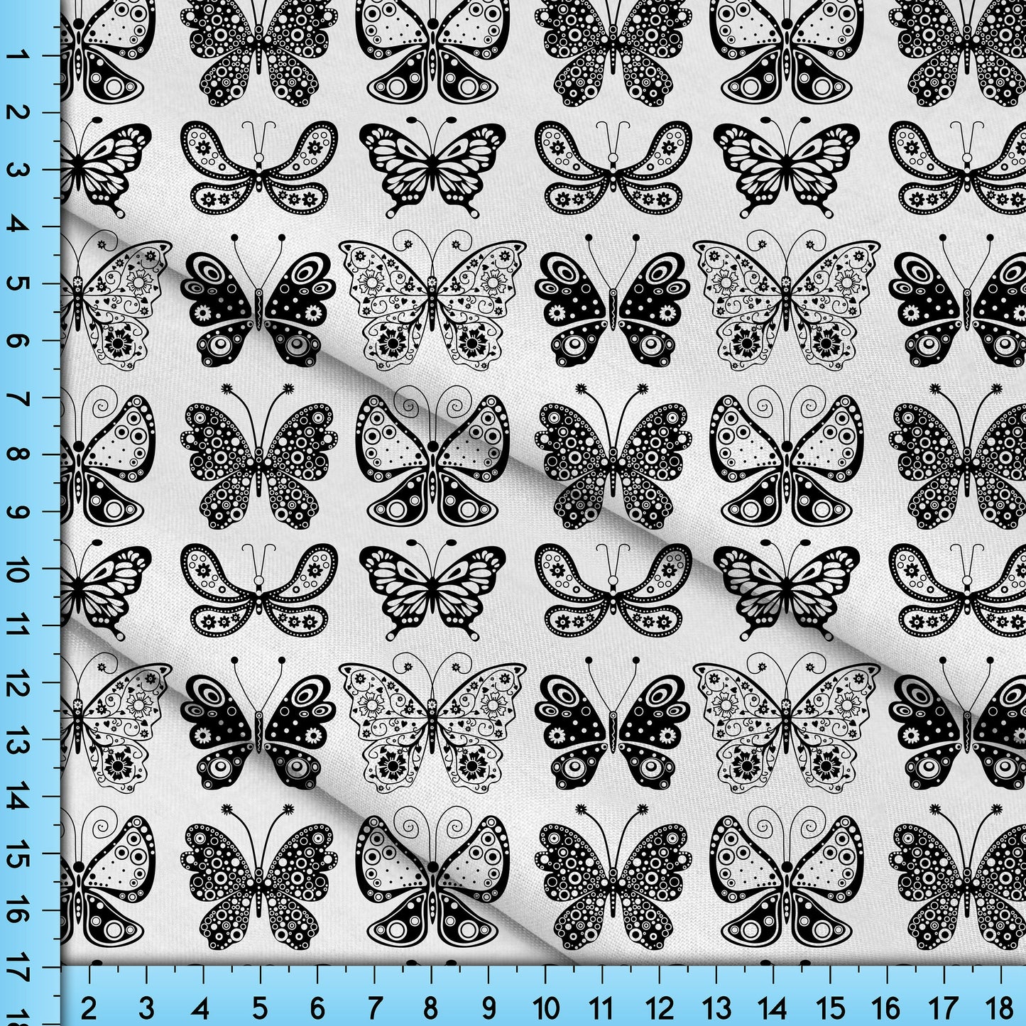 Butterfly Fabric, Black and White Butterflies on White.  Cottagecore Design for Crafts, Upholstery, Clothing