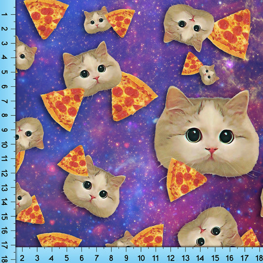 Cute Kittens in Space with Pizza Fabric Printed By the Yard. Broadcloth, Poplin, Gabardine, Liverpool, Clothing and Craft Projects.