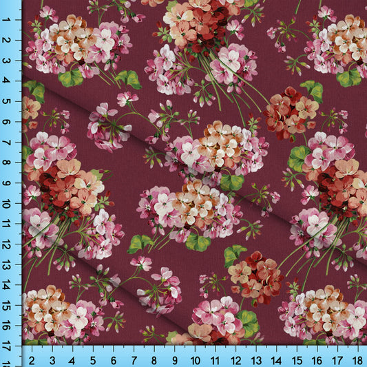 Burgundy Floral Cottagecore Fabric Pattern, Hydrangea Flower Design Printed By the Yard for Crafts, Shirts, Masks