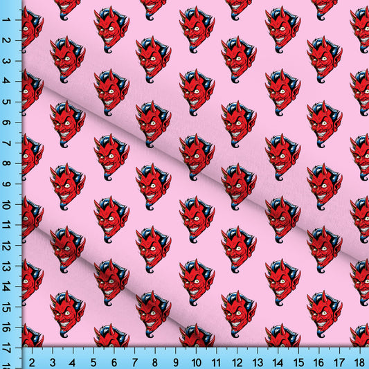 Red Devil on Pink Fabric, Novelty Design Printed By the Yard for Crafts, Shirts, Masks