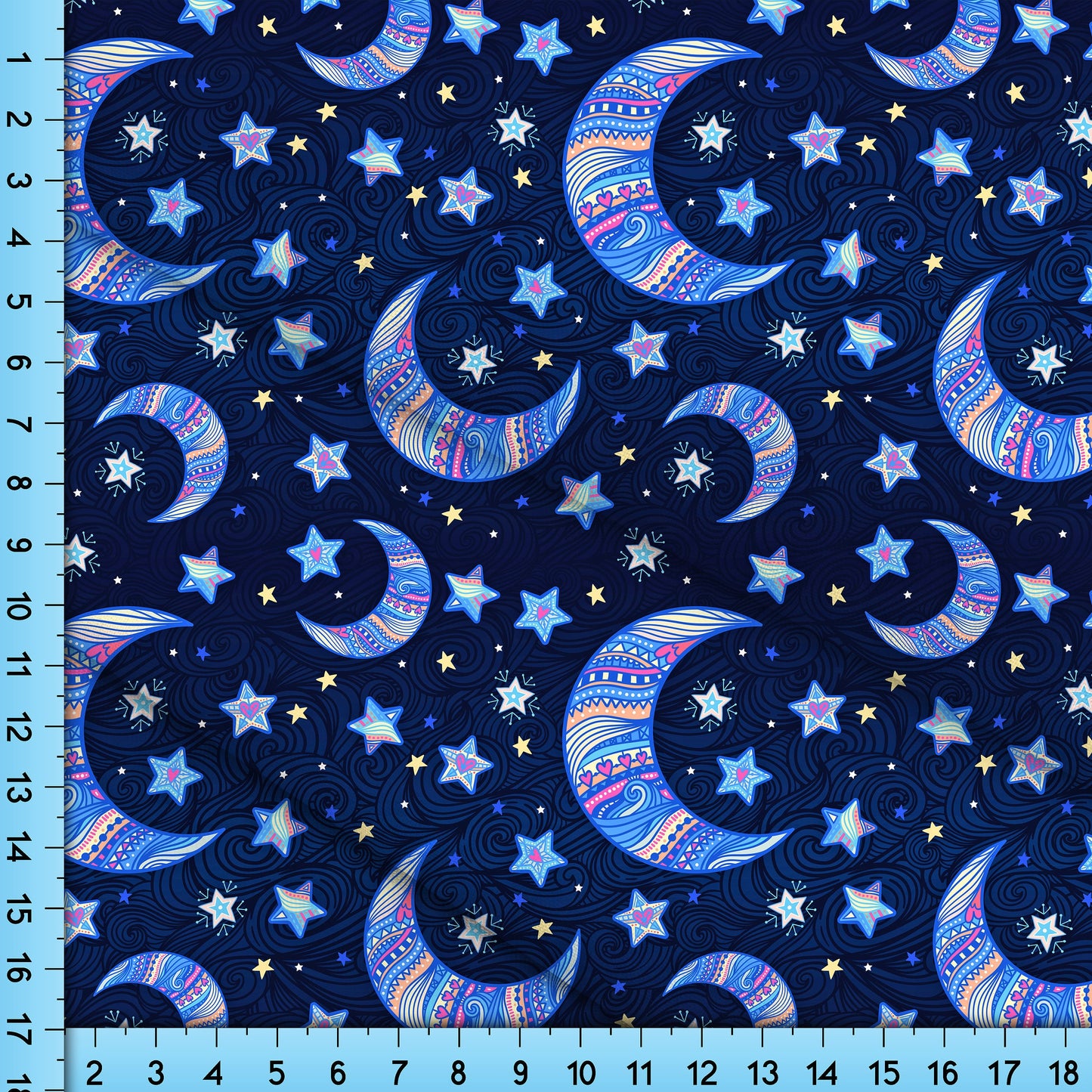 Blue Moon and Stars Fabric By The Yard, Planets and Space Pattern, Custom Printed on the fabric of your choice