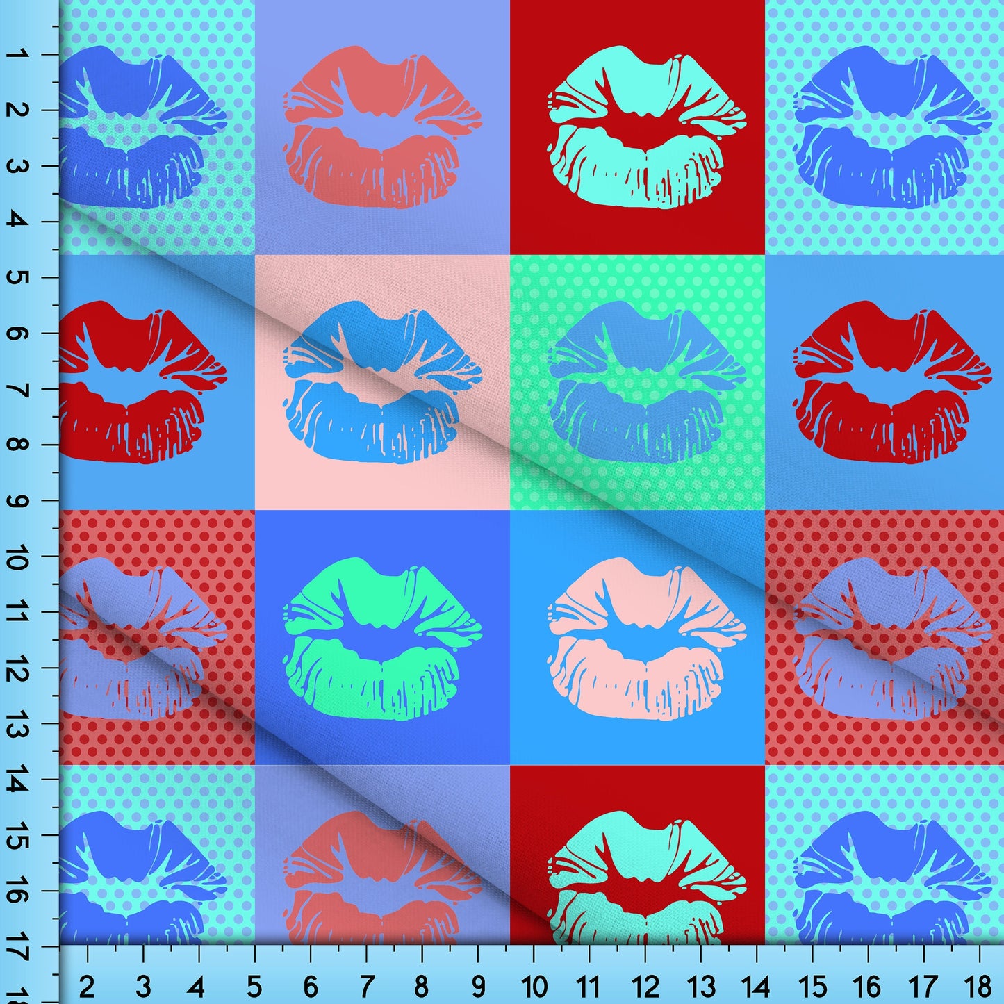 Pop Art Lips Fabric By The Yard, Blue Red Green Fashion Colors Mouth Design Custom Printed on the fabric of your choice