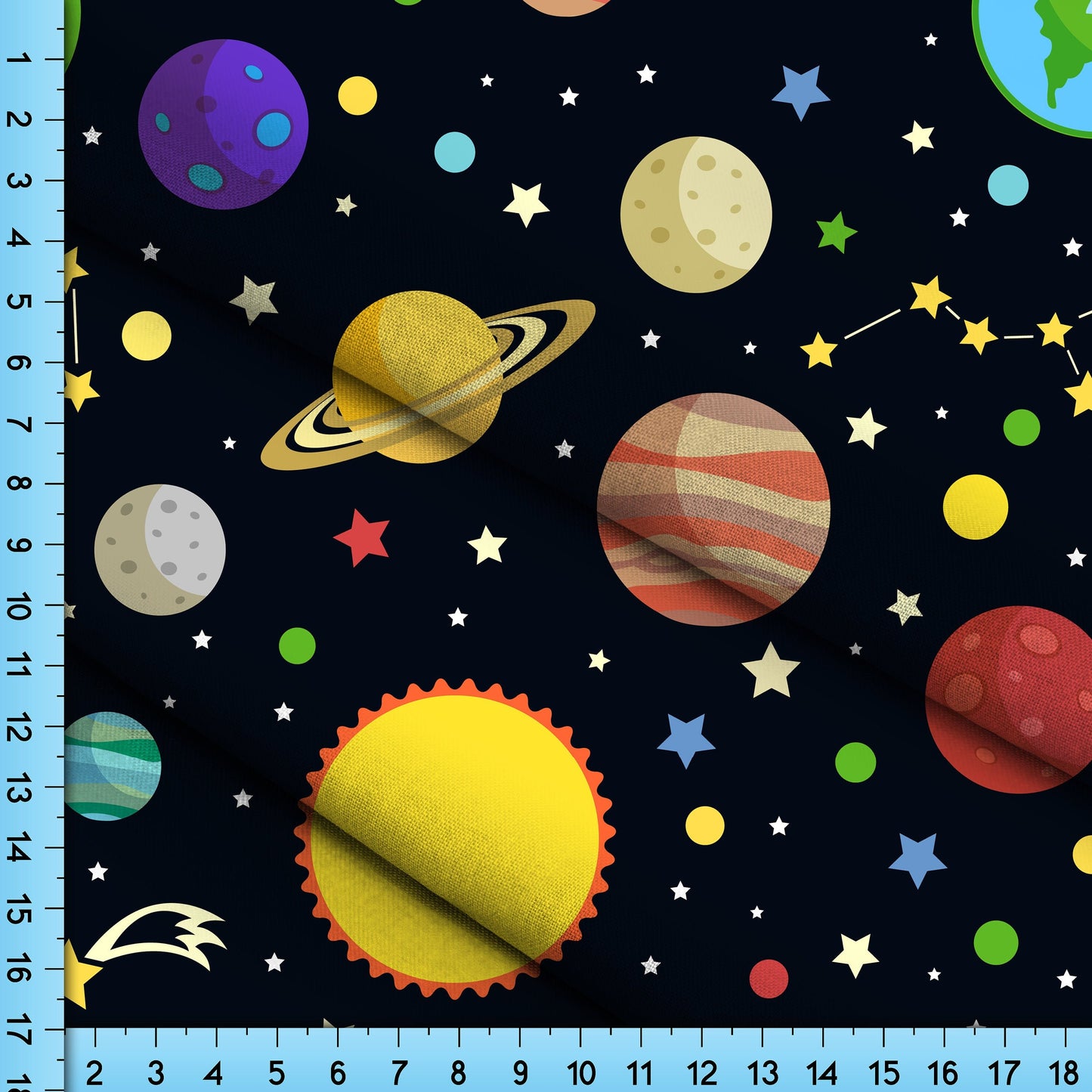 Solar System Stars Fabric By The Yard, Planets and Space Pattern, Custom Printed on the fabric of your choice